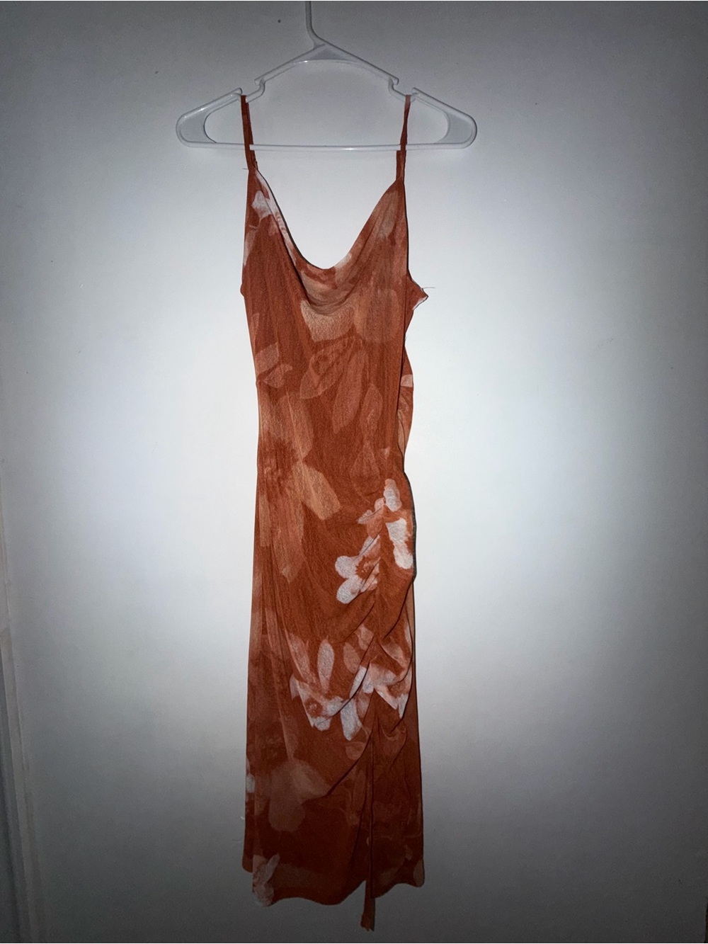 Rust Floral Cowl Slip Maxi Dress with Spaghetti Straps